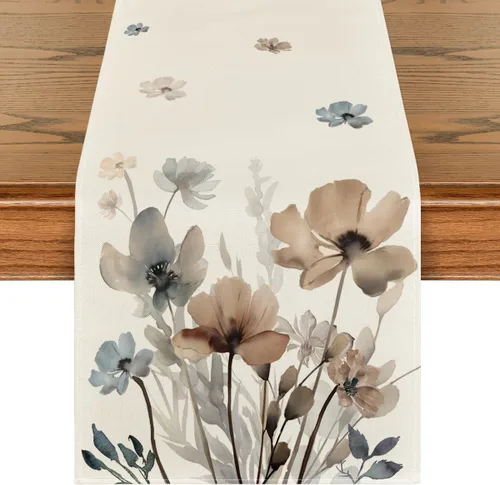 Vista 8 de Artoid Mode - Camino de mesa floral de amapolas marrones con hojas de primavera, decoración de mesa de cocina y comedor de temporada de verano