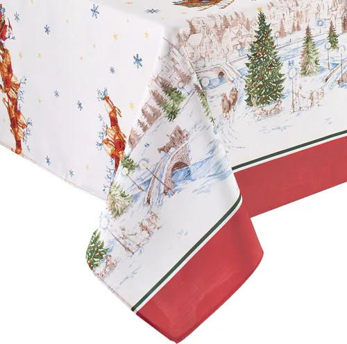 Vista 8 de Elrene Home Fashions Mantel Navideño/de Navidad Santa Snowy Sleighride Resistente a las Arrugas, 70 pulgadas, Redondo