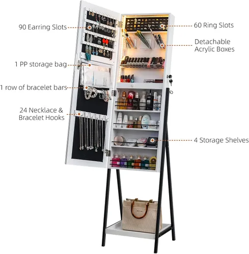 Vista 3 de Bonnlo Armario de joyería de cuerpo entero, armario de joyería con cerradura con luz LED, caja de joyería independiente, organizador de gran
