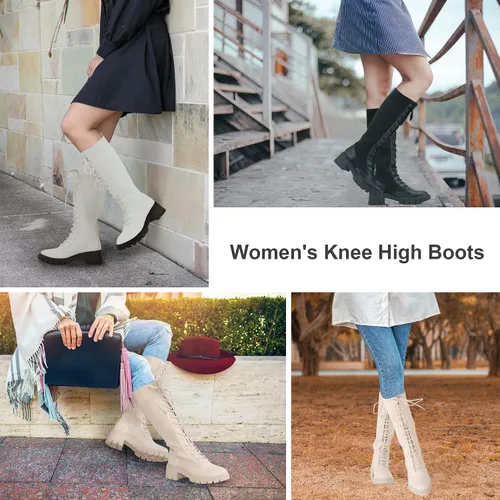 Vista 6 de Vepose Botas altas hasta la rodilla con plataforma de encaje 953 para mujer con tacón grueso y cómodo