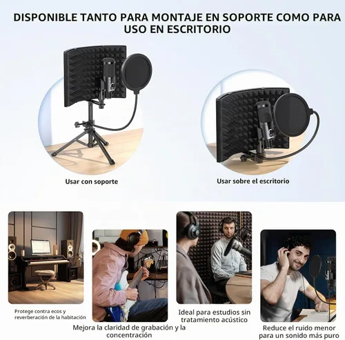 Vista 4 de Protector de aislamiento de micrófono de grabación de estudio con filtro pop y kit de tres soportes, grabación de música, micrófonos de condensador