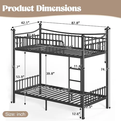Vista 2 de Bellemave Litera individual XL sobre individual XL, litera de metal con escalera y barandilla para niños, adultos, se puede dividir, color negro