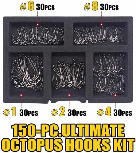 Vista 4 de Octopus-Hook-Fishing-Beak-Circle-Hooks-Set-Saltwater-Freshwater-Red-Black 150 Pack