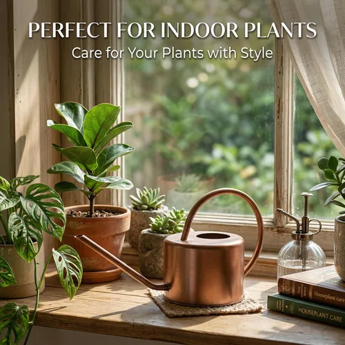 Vista 4 de Topadorn Regadera de metal de 1.3 L con boquilla larga, regadera de plantas de interior de bronce, regadera de jardín resistente al óxido con mango