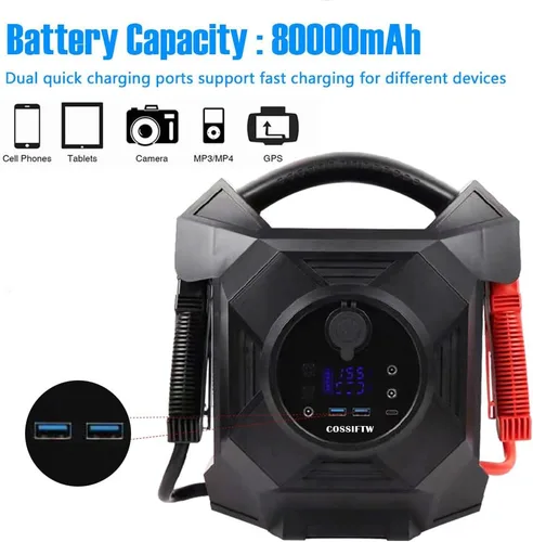 Vista 4 de Arrancador de batería de 80000 mAh – Arrancador de salto de 12/24 V con 4 clips de alambre de calibre, 10000 A reforzador de autobús de camión