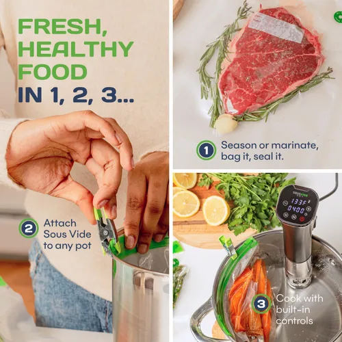 Vista 5 de SOUSVIDE ART 37 bolsas reutilizables de sellado al vacío con sellador al vacío, 30 bolsas de cocina y almacenamiento de 3 tamaños con bomba