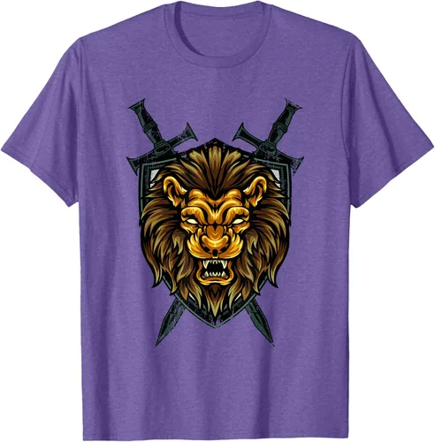 Vista 6 de Camiseta con diseño de caballero medieval renacentista, con diseño de espada de león, Negro, S