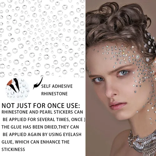 Vista 3 de 6 hojas autoadhesivas de diamantes de imitación y perlas para maquillaje, ojos, cara, calcomanías de diamantes de imitación transparentes