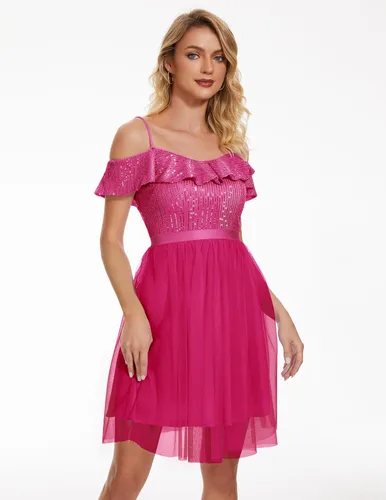 Vista 7 de Wedtrend Vestido de lentejuelas para mujer, vestido semiformal brillante con tirantes delgados, vestido corto de graduación con purpurina