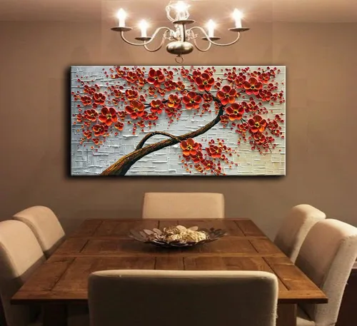 Vista 4 de YaSheng Art - Pintura al óleo pintada a mano sobre lienzo Textura Paleta Cuchillo Pinturas Flores Rojas Pinturas Modernas Decoración del Hogar