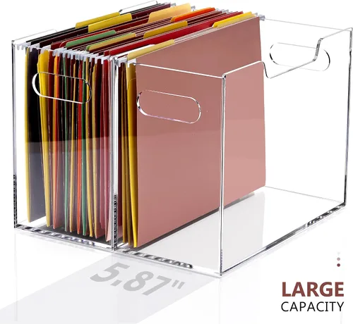 Vista 8 de DINGHUO Caja organizadora de carpetas de archivos de acrílico, organizador de archivos colgantes de tamaño carta, soporte transparente con asas