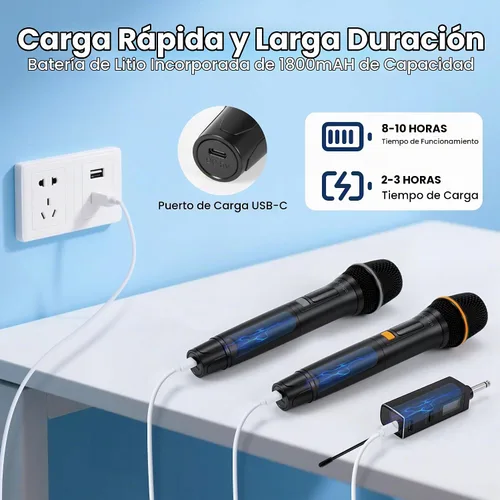 Vista 5 de Micrófonos inalámbricos, micrófono profesional UHF de metal dual para karaoke inalámbrico con receptor recargable (260 pies), conectar y usar