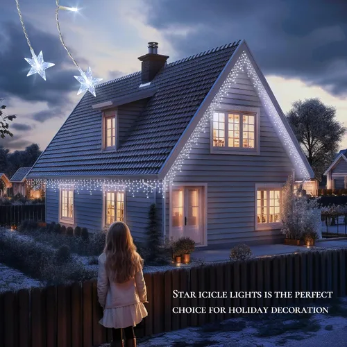 Vista 3 de oopswow 200 luces LED de carámbano de 16.5 pies para exteriores, cortina de carámbano blanca, 40 gotas, 8 modos con temporizador, luz de estrella