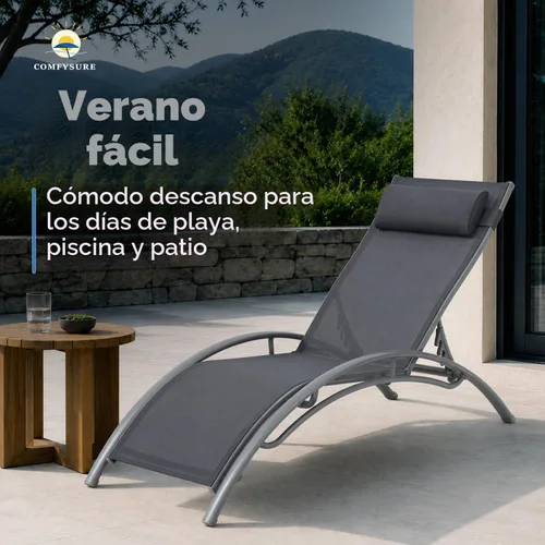 Vista 4 de ComfySure Juego de 2 sillas de aluminio reclinables de textileno de 4 posiciones con almohada y reposabrazos, apilables, resistentes a los rayos UV