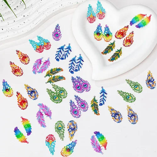 Vista 3 de Dijes de plumas de filigrana multicolor colgante de pluma pintado de color hueco para pendientes de bricolaje collares accesorios para fabricación