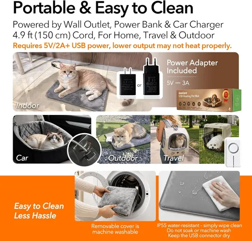 Vista 3 de 5V USB Pet Heating Pad with Adapter&Cover, Dual-Sensor, Cat&Dog, M