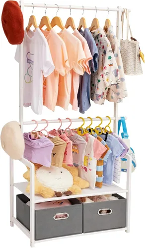 Vista 10 de Perchero de bambú para niños con 2 cestas de almacenamiento y 2 varillas ajustables para colgar, soporte para ropa infantil con estante, estantes