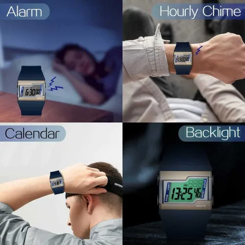 Vista 4 de Reloj de pulsera digital resistente al agua de 10 ATM para nadar y bucear con múltiples funciones de cronómetro de regazo, reloj despertador