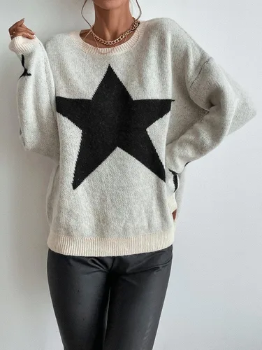 Vista 4 de SOLY HUX Suéter de manga larga con cuello redondo y estampado de estrellas para mujer, Beige