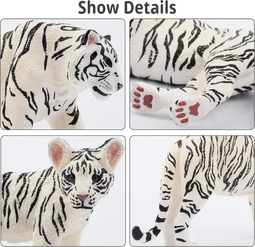 Vista 4 de Toymany 6 figuras realistas de tigres blancos con cachorros de tigre, figuras familiares de animales de la selva de 2 a 6 pulgadas, incluye tigres