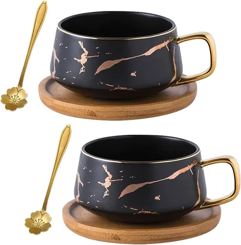 Vista 11 de Jusalpha Juego de taza de té de 10 oz con impresión de mano dorada y platillo/Juego de taza de café y platillo de bambú TCS19 (Negro)