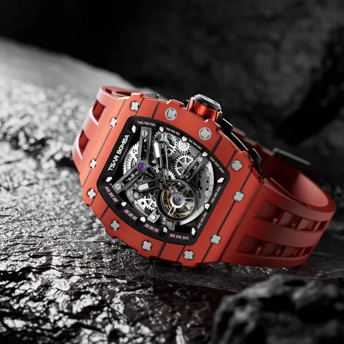 Vista 4 de Reloj para hombre, reloj mecánico automático de esqueleto para hombre, 164.0 ft, impermeable, de lujo, Tonneau, cuadrado, esfera grande, con correa