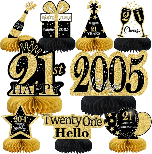 Vista 30 de 9 piezas de decoración de cumpleaños negro dorado 16 centros de mesa de panal para niños y niñas, centros de mesa de feliz cumpleaños 16 Oro negro 16