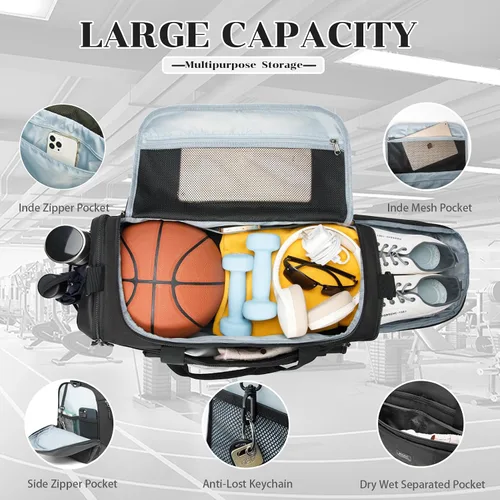 Vista 5 de BSHG Bolsa de deporte para hombres y mujeres con compartimento para zapatos y bolsillo húmedo, bolsa de lona deportiva, bolsas de entrenamiento