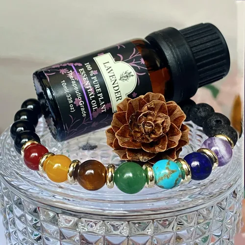 Vista 19 de 7 Chakra Bracelet Real Crystal Stone Beads Essential Oil Set Yoga Meditation Protection Lava Rock Jewelry Gifts for Women Men