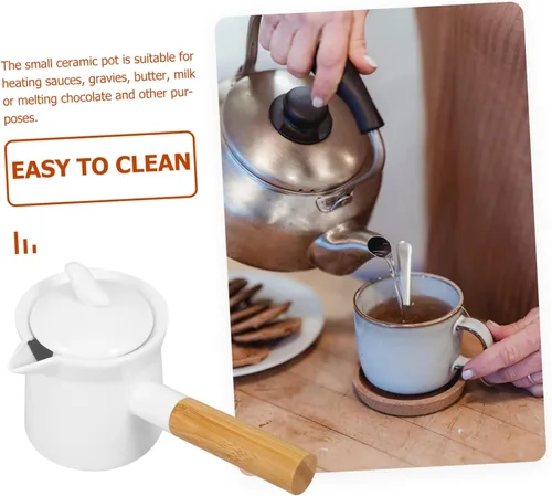 Vista 8 de Cabilock Cacerola de cerámica con mango de madera, calentador de mantequilla, mini olla de cocina para leche, té, café, comida para bebés