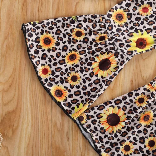 Vista 6 de 2 unids bebé niñas girasol otoño ropa fuera del hombro camiseta superior volante flare pantalones conjunto niños campana inferior trajes