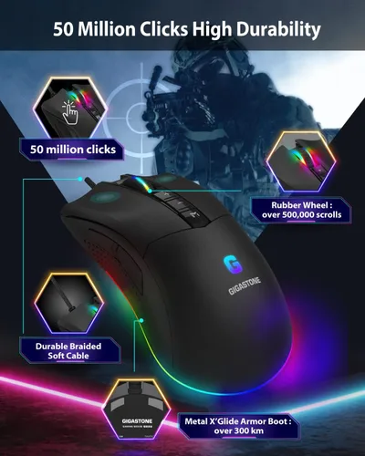 Vista 6 de Gigastone Mouse para juegos con 16000 DPI ajustable, retroiluminación RGB, sensor óptico, 10 botones programables, mouse RGB para juegos con memoria