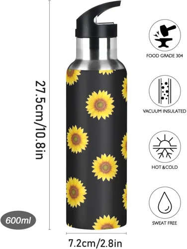 Vista 9 de Stainless Steel Vacuum Insulated Water Bottle 32 Oz, BPA-Free Sports Water Bottle for Gym Outdoor Travel School, Yellow Sunflowers Black