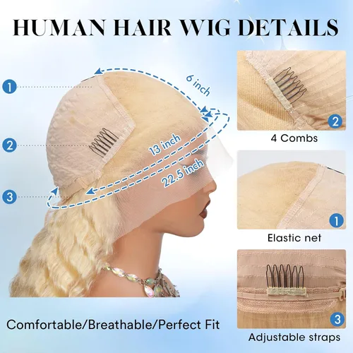 Vista 3 de Peluca de cabello humano rubio 613 con ondas profundas, peluca de encaje frontal de 13 x 6 pulgadas, 180 % de densidad, sin pegamento, predepilada