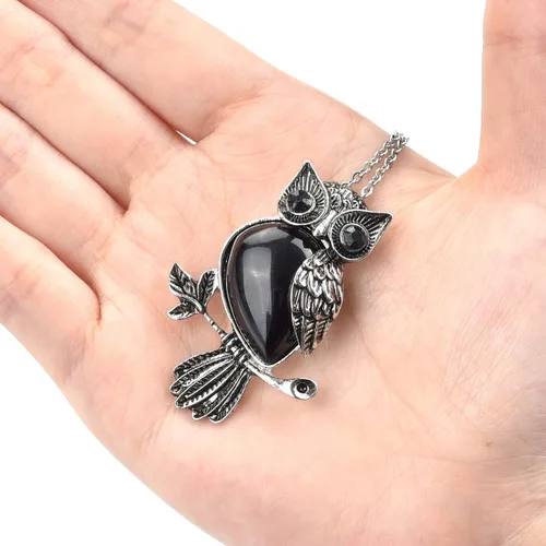Vista 3 de Jovivi Regalos de búho, collar con dije de piedras de cristal curativo para mujeres y hombres, amatista natural, cuarzo rosa, joyería para reiki