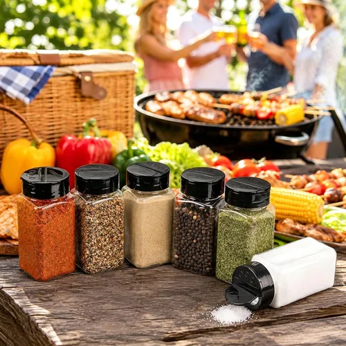 Vista 7 de Bekith Paquete de 16 tarros de plástico para especias de 9 onzas con tapa negra, botellas de plástico para especias vacíos para almacenar especias