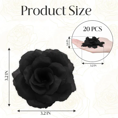 Vista 2 de 20 piezas de flores de cabeza de rosa negra sin tallo, flores artificiales para decoración de bricolaje, rosa de seda de 3 pulgadas para boda