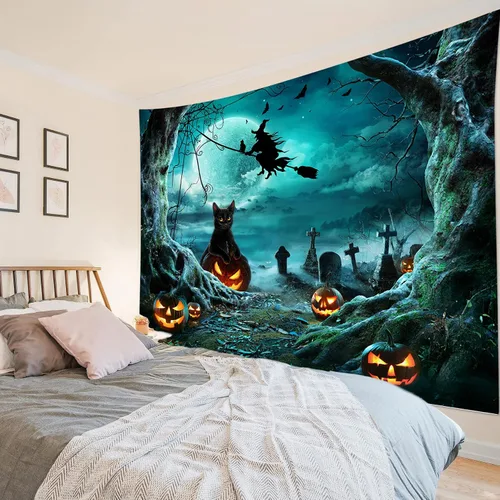 Vista 8 de LB Tapiz espeluznante de cementerio de Halloween, lápida aterradora con árboles muertos, tapiz de bosque para colgar en la pared, tapiz de fondo