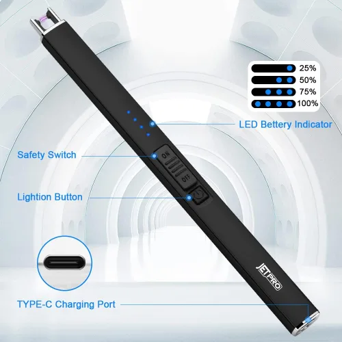 Vista 3 de Encendedor eléctrico de arco resistente al viento, sin llama, recargable por USB, con bloqueo de seguridad para velas, barbacoa, camping (negro)