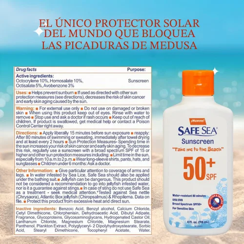 Vista 2 de Safe Sea Protector solar bloqueador de picaduras de medusas, loción SPF 50+ de 4 onzas, impermeable, biodegradable, protector solar corporal