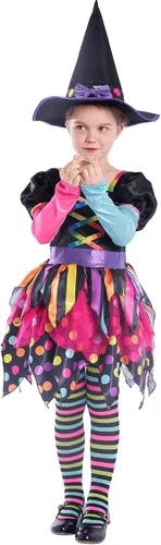 Vista 3 de Sincere Party Disfraz de bruja de Halloween para niñas, adorable disfraz de bruja colorido neón de lujo.
