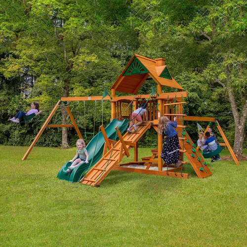 Vista 2 de Gorilla Playsets 01-0004-AP Frontier - Juego de columpio de madera con techo de madera, columpio de neumático, dos columpios de cinturón, mesa