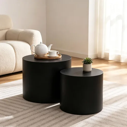 Vista 15 de Juego de 2 mesas de centro anidadas, modernas mesas de centro redondas de madera, mesa auxiliar decorativa para espacios pequeños, sala de estar