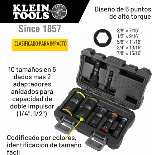 Vista 2 de Klein Tools 66070 Juego de dados de impacto, cinco dados de impacto giratorios con adaptadores de socket hexagonal de 1/4 pulgadas y adaptadores