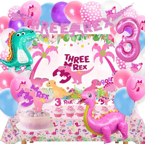 Vista 4 de Dino Rex - Decoraciones para fiesta de cumpleaños de tres niñas, suministros de dinosaurio rosa
