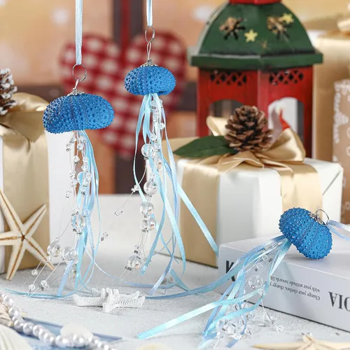 Vista 6 de Namalu 6 piezas de adorno de Navidad de erizo de mar y medusa con cuentas costeras, decoración festiva de playa con temática de océano, adorno Azul