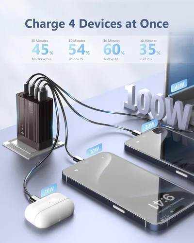 Vista 3 de ACOUCOU Cargador USB C de 100 W, 4 puertos GaN de carga rápida plegable compacto cargador de corriente para MacBook, iPad, iPhone, Galaxy S24 Ultra
