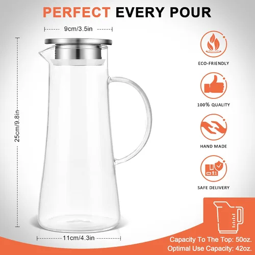 Vista 4 de SUSTEAS Jarra de Vidrio de 1.5 Litros 51oz con Tapa, Fácil de Limpiar, Jarra de Agua de Vidrio Resistente al Calor con Asa para Bebidas