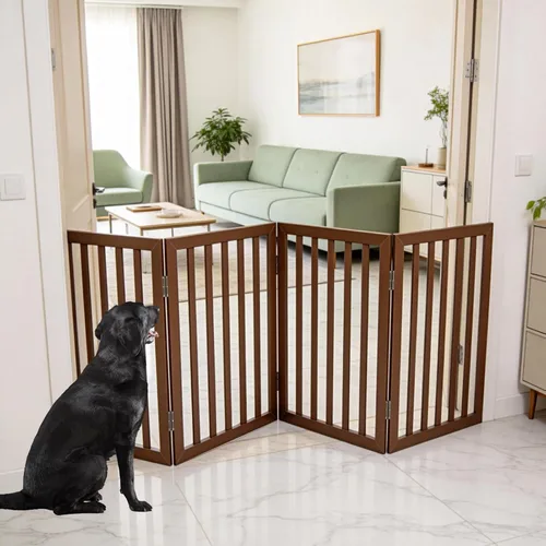 Vista 18 de Puerta para perros para interiores, valla independiente para perros, para la casa, puertas, pasillos o escaleras, puerta para mascotas plegable