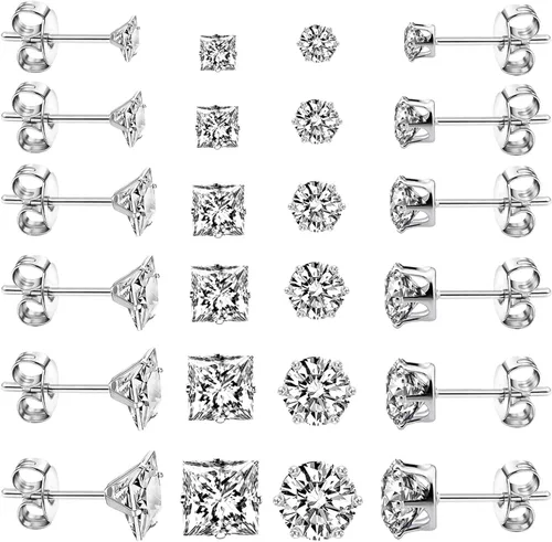 Vista 10 de Stud Earrings Set LUCKYPADS 12 Pairs Stud Earrings for Women Hypoallergenic Stainless Steel Stud Earrings Pack Men Earrings Stud with Cubic Zirconia